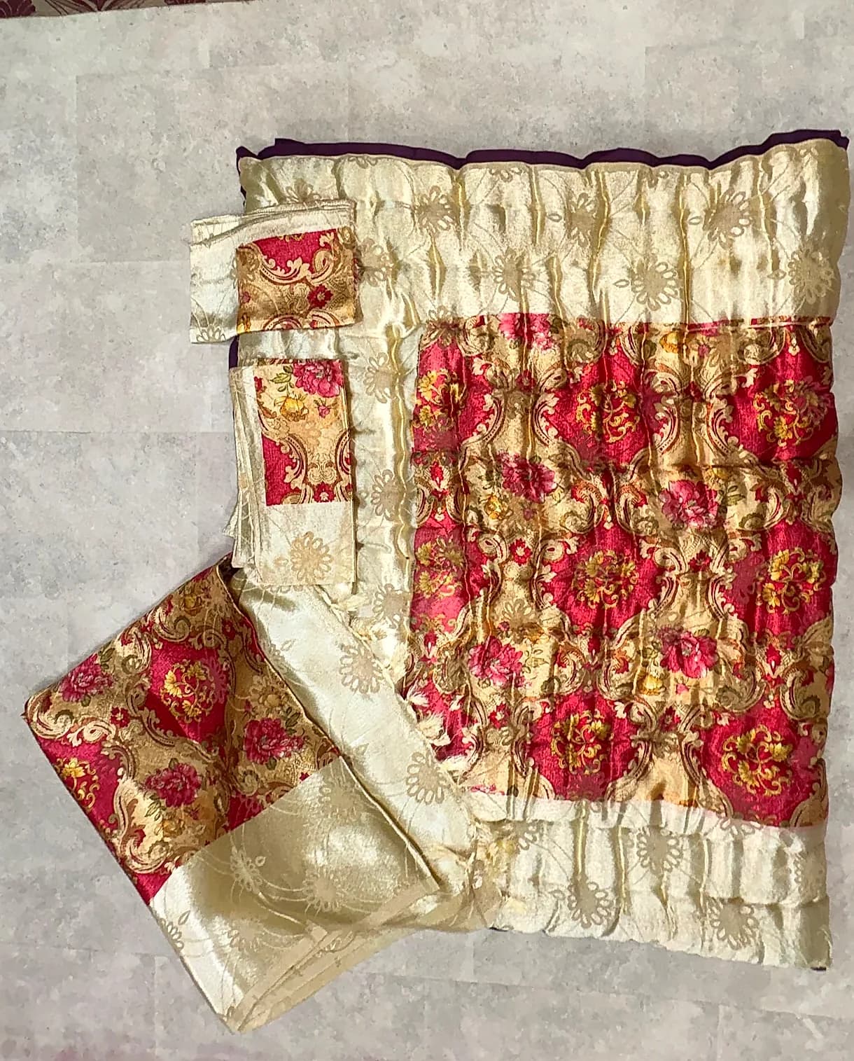 Traditional gold and crimson jacquard brocade bridal razai with rich dark lining
